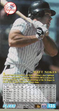 1994 Fleer Extra Bases #135 Matt Nokes Back