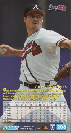 1994 Fleer Extra Bases #208 Greg Maddux Back