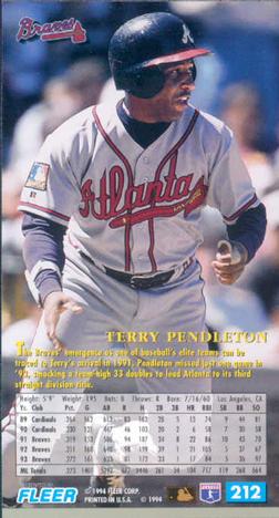 1994 Fleer Extra Bases #212 Terry Pendleton Back