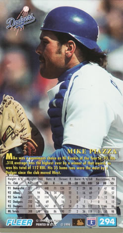1994 Fleer Extra Bases #294 Mike Piazza Back