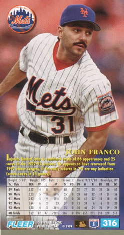 1994 Fleer Extra Bases #316 John Franco Back