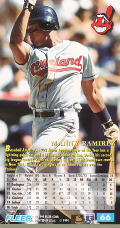 1994 Fleer Extra Bases #66 Manny Ramirez Back