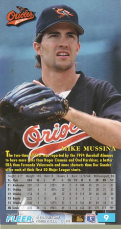 1994 Fleer Extra Bases #9 Mike Mussina Back