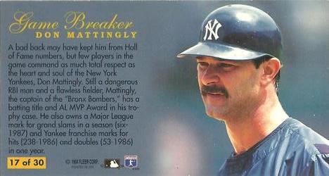 1994 Fleer Extra Bases - Game Breakers #17 Don Mattingly Back