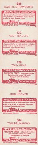 1984 Topps Stickers - Test Strips #30 / 129 / 132 / 304 / 385 Darryl Strawberry / Kent Tekulve / Tony Peña / Bob Horner / Tom Brunansky Back