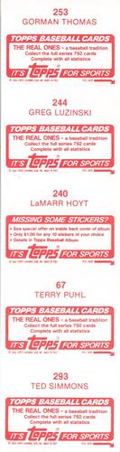 1984 Topps Stickers - Test Strips #67 / 240 / 244 / 253 / 293 Gorman Thomas / Greg Luzinski / LaMarr Hoyt / Terry Puhl / Ted Simmons Back