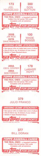 1984 Topps Stickers - Test Strips #100/173/178/200A/200B/287B/288A/300 Don Sutton / Joel Youngblood / Wade Boggs / Jim Rice / Dave Righetti / LaMarr Hoyt / Cecil Cooper / Bob Forsch / Julio Franco / Bill Doran Back