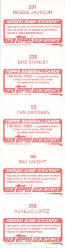 1984 Topps Stickers - Test Strips #55 / 68 / 220 / 231 / 268 Reggie Jackson / Bob Stanley / Dan Driessen / Ray Knight / Aurelio Lopez Back