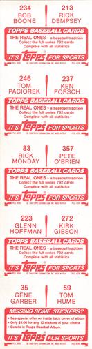 1984 Topps Stickers - Test Strips #35/59/83/213/223/234/237/246/272 Rick Dempsey / Bob Boone / Tom Paciorek / Ken Forsch / Pete O'Brien / Rick Monday / Kirk Gibson / Glenn Hoffman / Tom Hume / Gene Garber Back