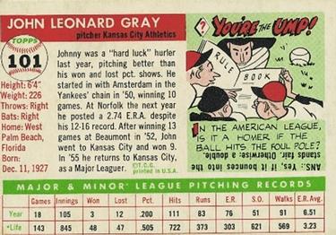 1955 Topps #101 Johnny Gray Back