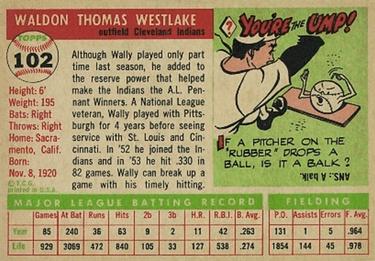 1955 Topps #102 Wally Westlake Back