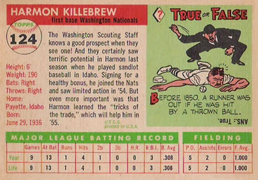 1955 Topps #124 Harmon Killebrew Back