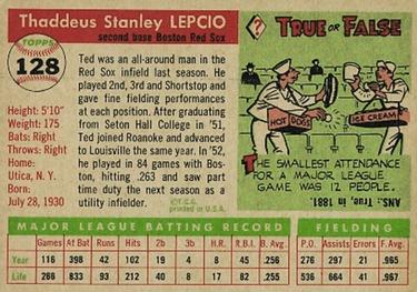 1955 Topps #128 Ted Lepcio Back