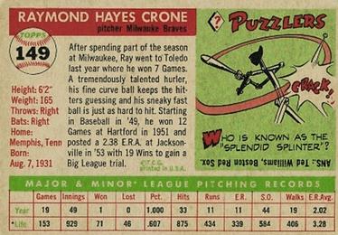 1955 Topps #149 Ray Crone Back