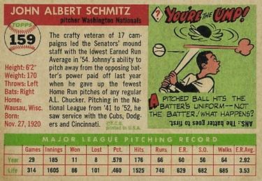 1955 Topps #159 Johnny Schmitz Back