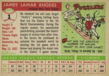 1955 Topps #1 Dusty Rhodes Back
