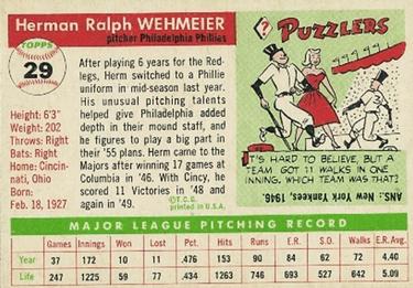 1955 Topps #29 Herman Wehmeier Back