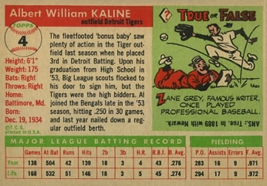 1955 Topps #4 Al Kaline Back