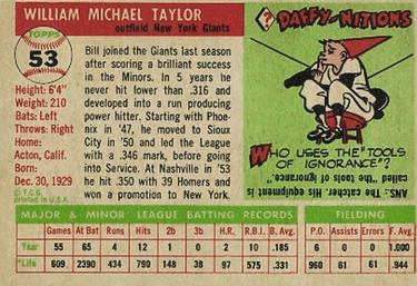 1955 Topps #53 Bill Taylor Back