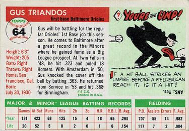 1955 Topps #64 Gus Triandos Back