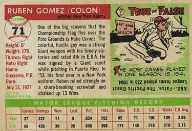 1955 Topps #71 Ruben Gomez Back