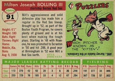 1955 Topps #91 Milt Bolling Back
