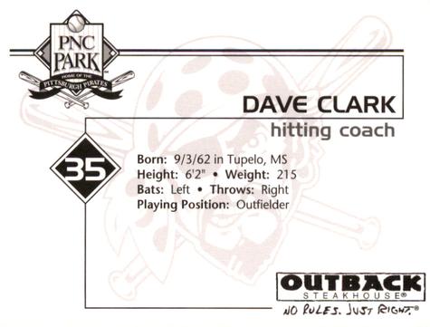 2002 Outback Steakhouse Pittsburgh Pirates #NNO Dave Clark Back