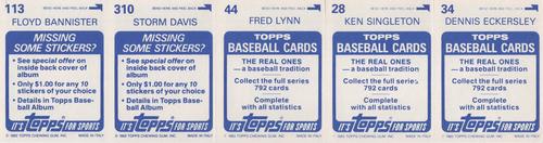 1983 Topps Stickers - Test Strips #NNO Dennis Eckersley / Ken Singleton / Fred Lynn / Storm Davis / Floyd Bannister Back