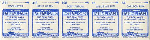 1983 Topps Stickers - Test Strips #NNO Carlton Fisk / Willie Wilson / Tony Armas / Kent Hrbek  / Von Hayes Back
