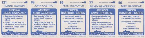 1983 Topps Stickers - Test Strips #NNO Mike Hargrove / Rickey Henderson / Pete Vuckovich / John Castino / Danny Darwin Back