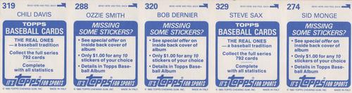 1983 Topps Stickers - Test Strips #NNO Sid Monge / Steve Sax / Bob Dernier / Ozzie Smith / Chili Davis Back