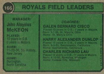 2023 Topps Heritage - 50th Anniversary Buybacks #166 Royals Field Leaders (Jack McKeon / Charlie Lau / Galen Cisco / Harry Dunlop) Back