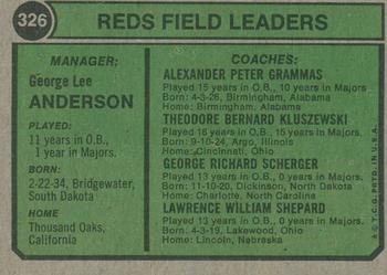 2023 Topps Heritage - 50th Anniversary Buybacks #326 Reds Field Leaders (Sparky Anderson / Larry Shepard / George Scherger / Ted Kluszewski / Alex Grammas) Back