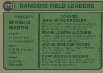 2023 Topps Heritage - 50th Anniversary Buybacks #379 Rangers Field Leaders (Billy Martin / Frank Lucchesi / Art Fowler / Charlie Silvera / Jackie Moore) Back
