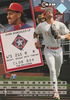 1994 Leaf #418 Juan Gonzalez Back
