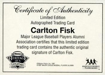 1997 Glidden Heritage of a Legend - Certificates of Authenticity #NNO Carlton Fisk Front