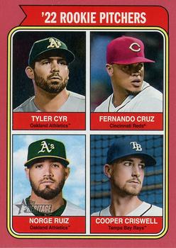 2023 Topps Heritage - Red Border #491 '22 Rookie Pitchers (Tyler Cyr / Fernando Cruz / Norge Ruiz / Cooper Criswell) Front