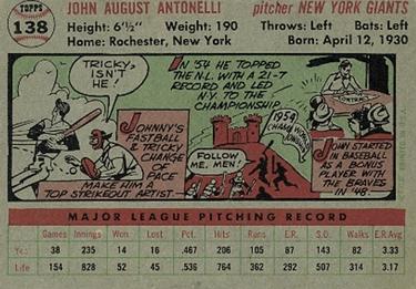 1956 Topps #138 Johnny Antonelli Back