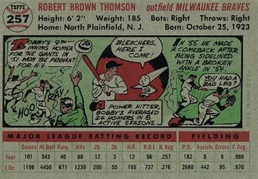 1956 Topps #257 Bobby Thomson Back
