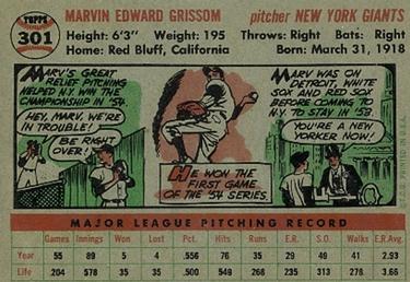 1956 Topps #301 Marv Grissom Back