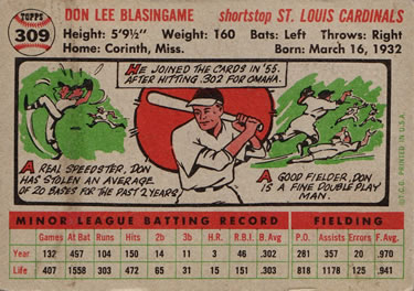 1956 Topps #309 Don Blasingame Back
