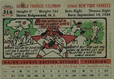 1956 Topps #316 Jerry Coleman Back