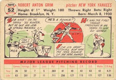 1956 Topps #52 Bob Grim Back