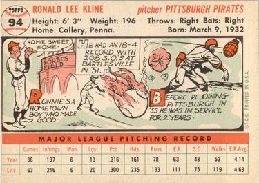 1956 Topps #94 Ron Kline Back