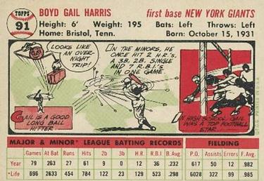 1956 Topps #91 Gail Harris Back