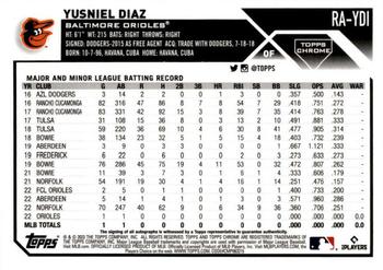 2023 Topps Chrome - Rookie Autographs Purple #RA-YDI Yusniel Diaz Back