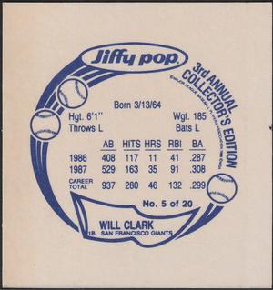 1988 Jiffy Pop Discs - Square Proofs #5 Will Clark Back