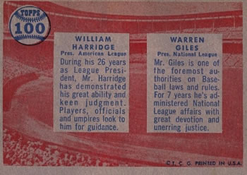 1957 Topps #100 William Harridge / Warren Giles Back