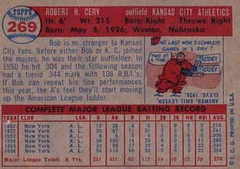 1957 Topps #269 Bob Cerv Back
