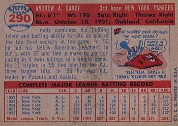 1957 Topps #290 Andy Carey Back
